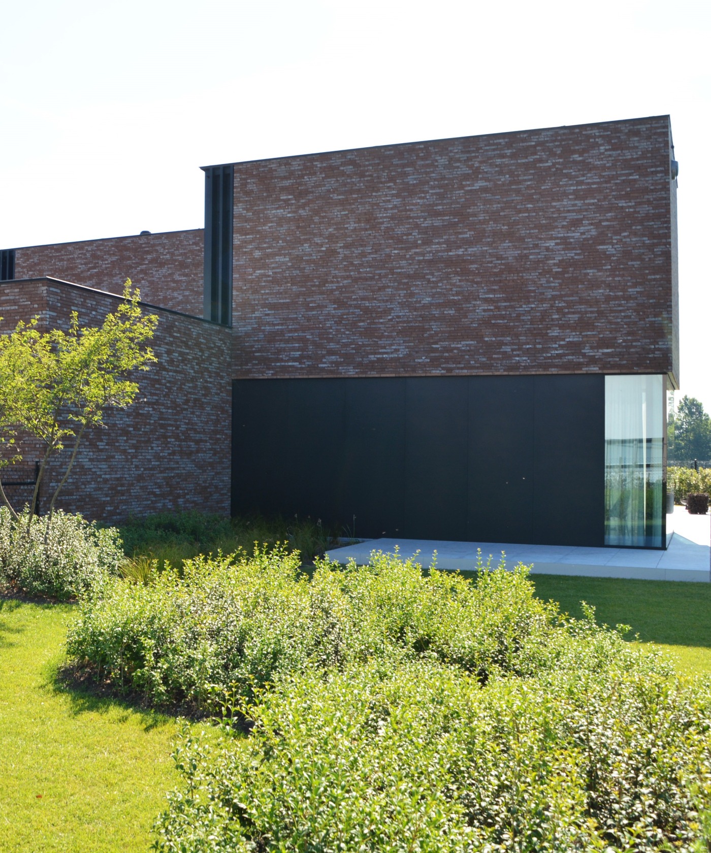 Moderne villa in Eke met strakke lijnen, omgeven door groenblijvende beplanting en meerstammige bomen.