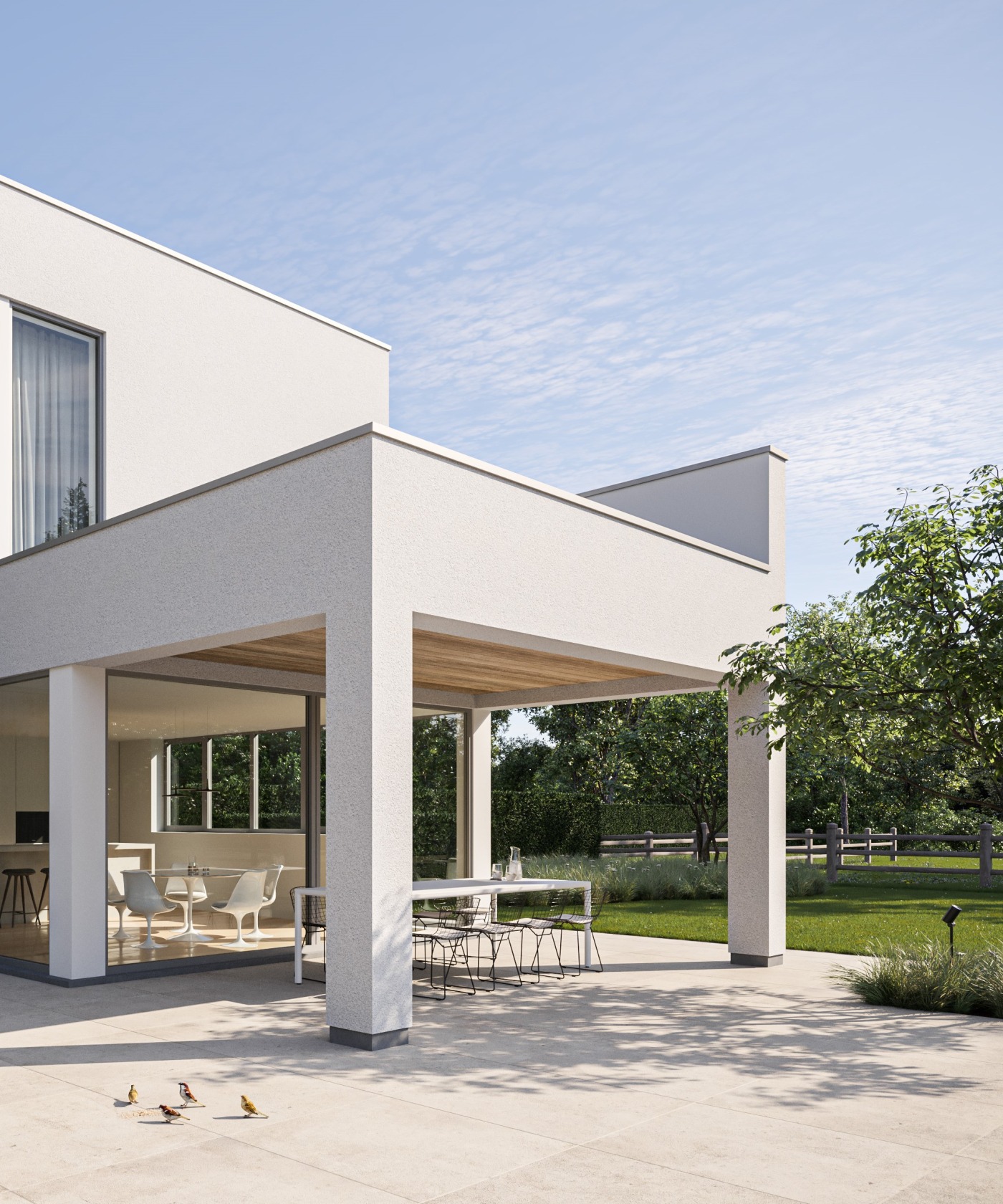 3D-render van moderne villatuin in Varsenare met bestaande leibomen en brede trappartij.