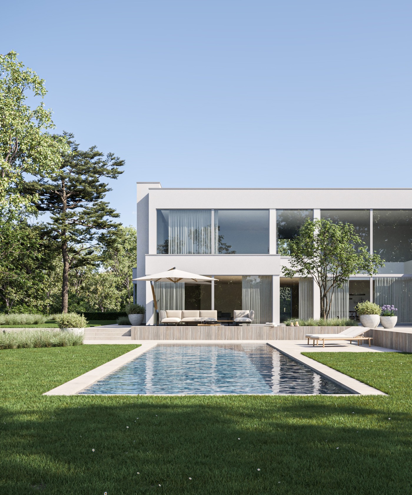 Woning met zwembad, houten constructies en royale terrassen.