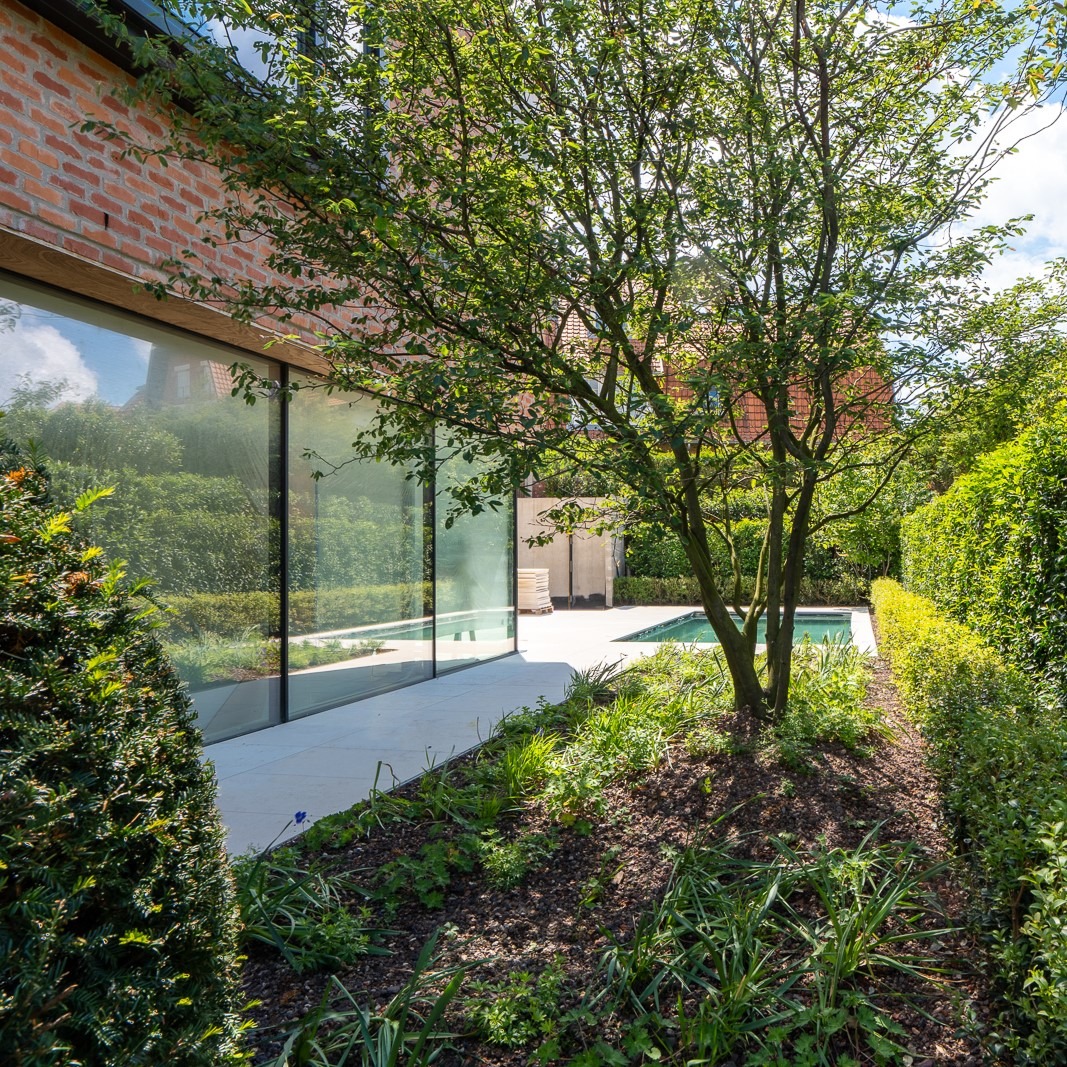 Aangelegde tuin in Knokke met gesnoeide hagen en zwembad, aansluitend op een tijdloze villa aan de kust.