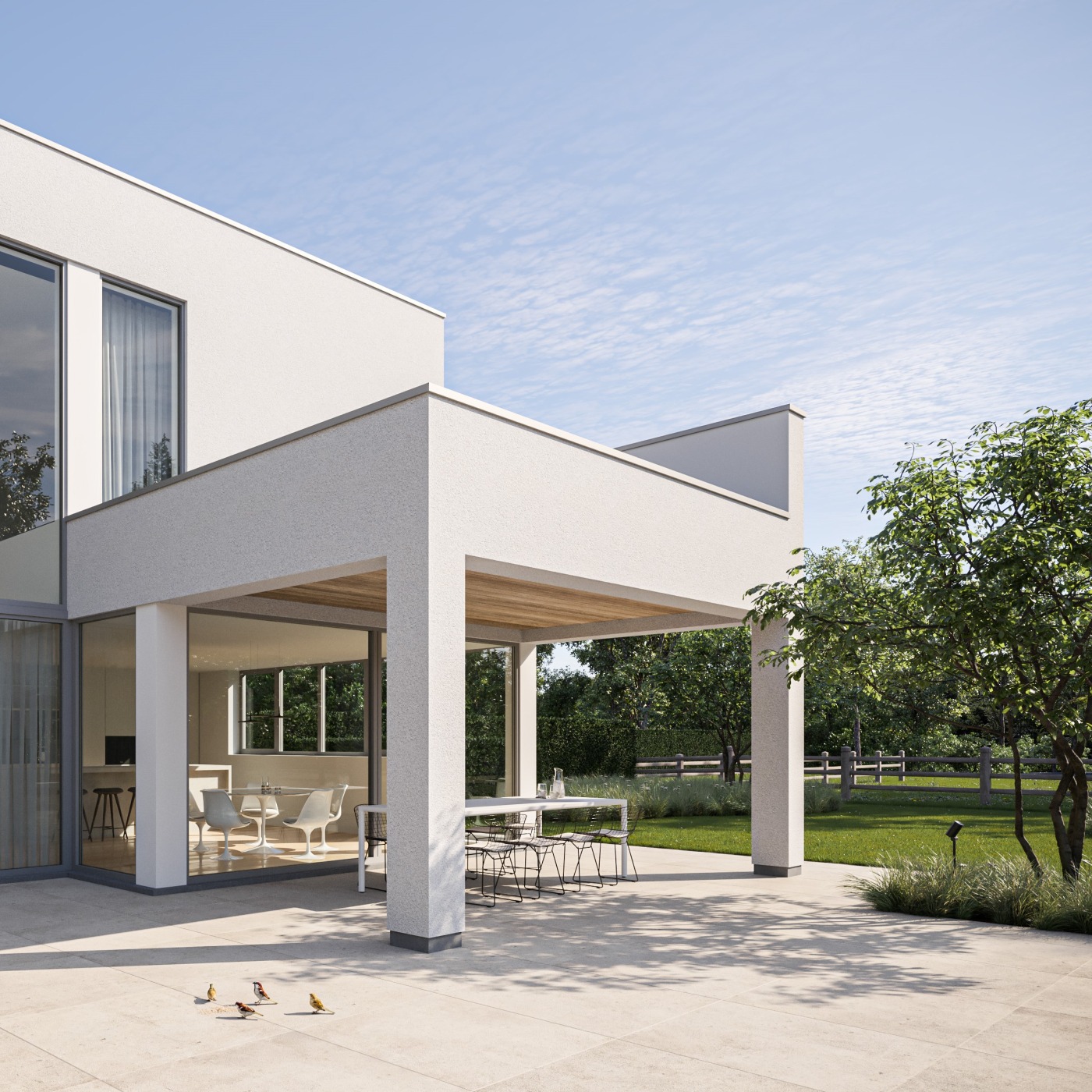 3D-render van moderne villatuin in Varsenare met bestaande leibomen en brede trappartij.