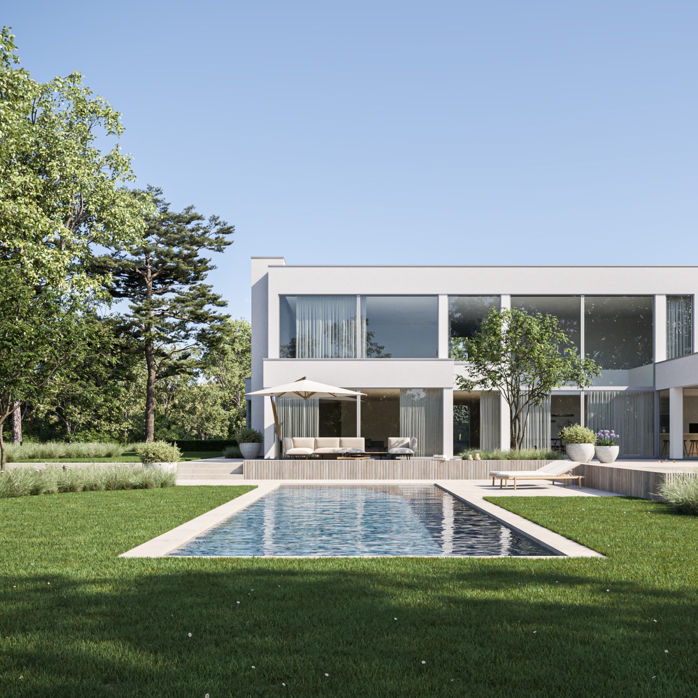 Woning met zwembad, houten constructies en royale terrassen.